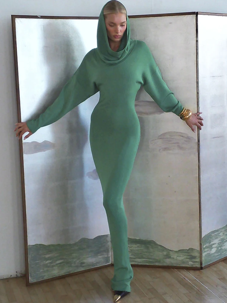 Sisterlinda Trend Sexy Mit Kapuze Kleid Frauen Herbst Volle Hülse Elegante Neue Stil Einfache Feste Weihnachten Stretch Dünne Bodycon