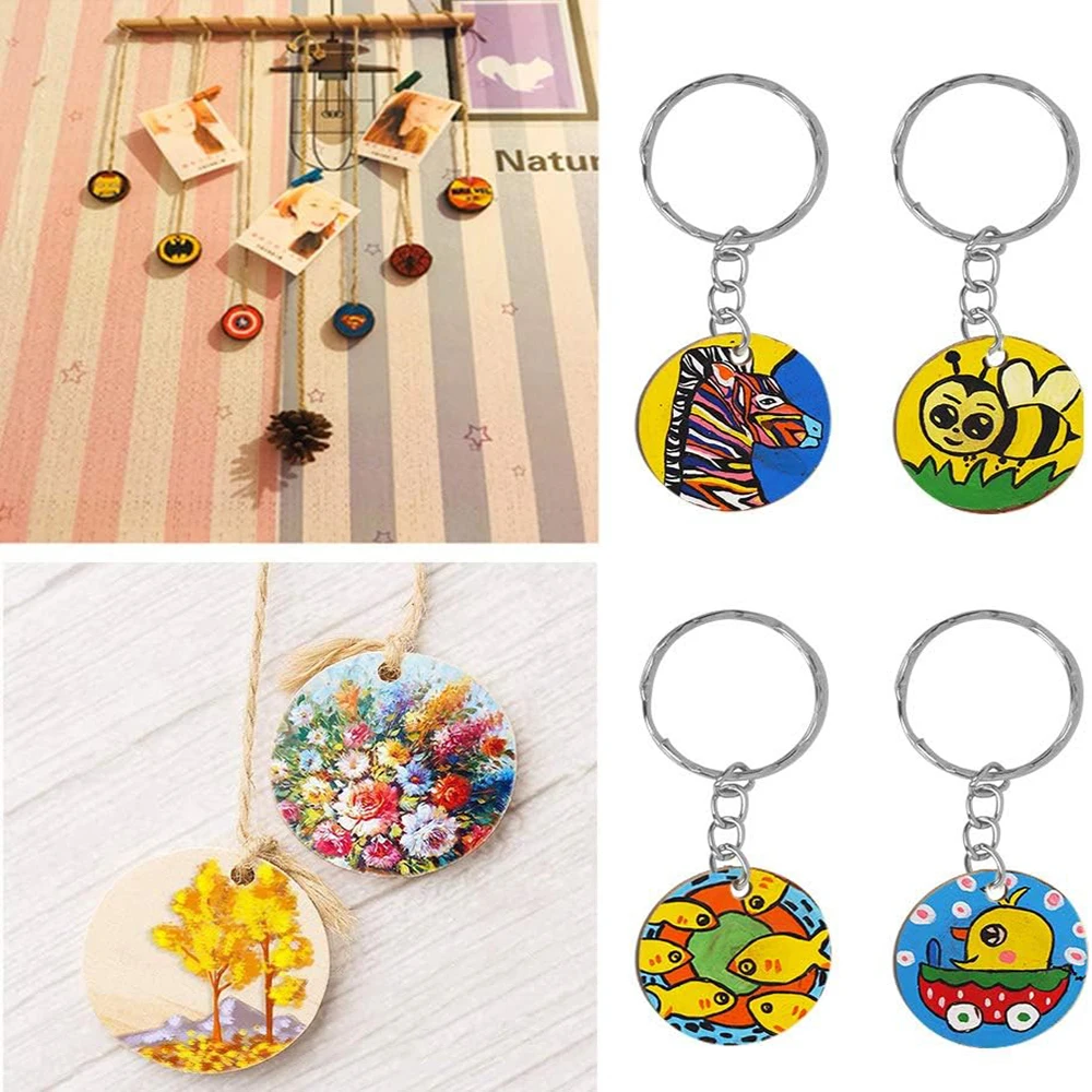 30PCS Round-Shaped Wooden Keychain Set with Unfinished Wood Chip Key Rings DIY Supplies for Craft Wholesale Accessories