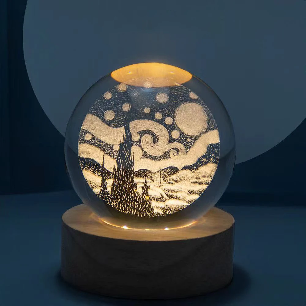 Van Gogh Art Sunflower Mona 3D Crystal Ball Night Light Laser Carving Birthday Gift Home Desktop Decoration USB LED Night Light