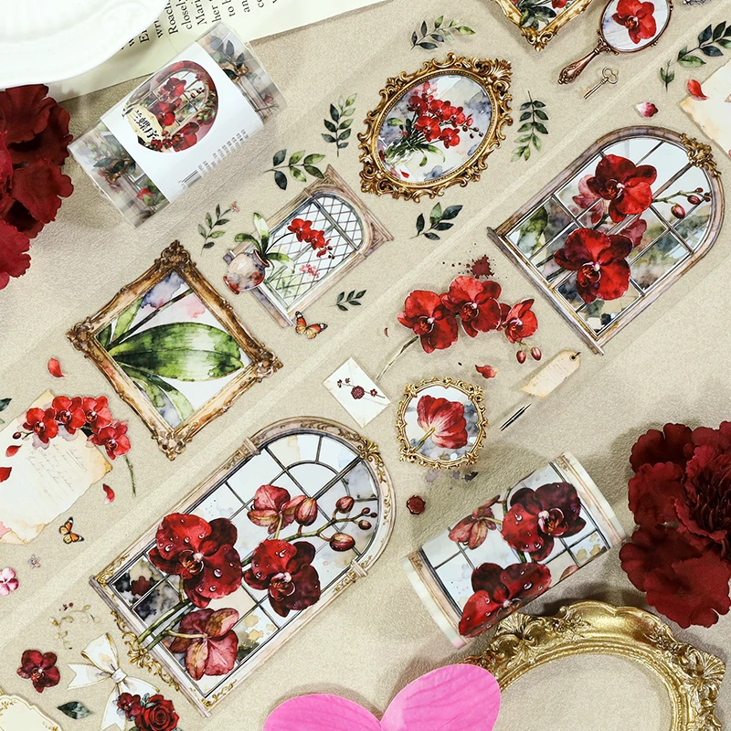 2m/Roll Red Phalaenopsis orchid PET Washi Tape Window Transparent Stickers Decorative Adhesive Tape For Diary Scrapbooking