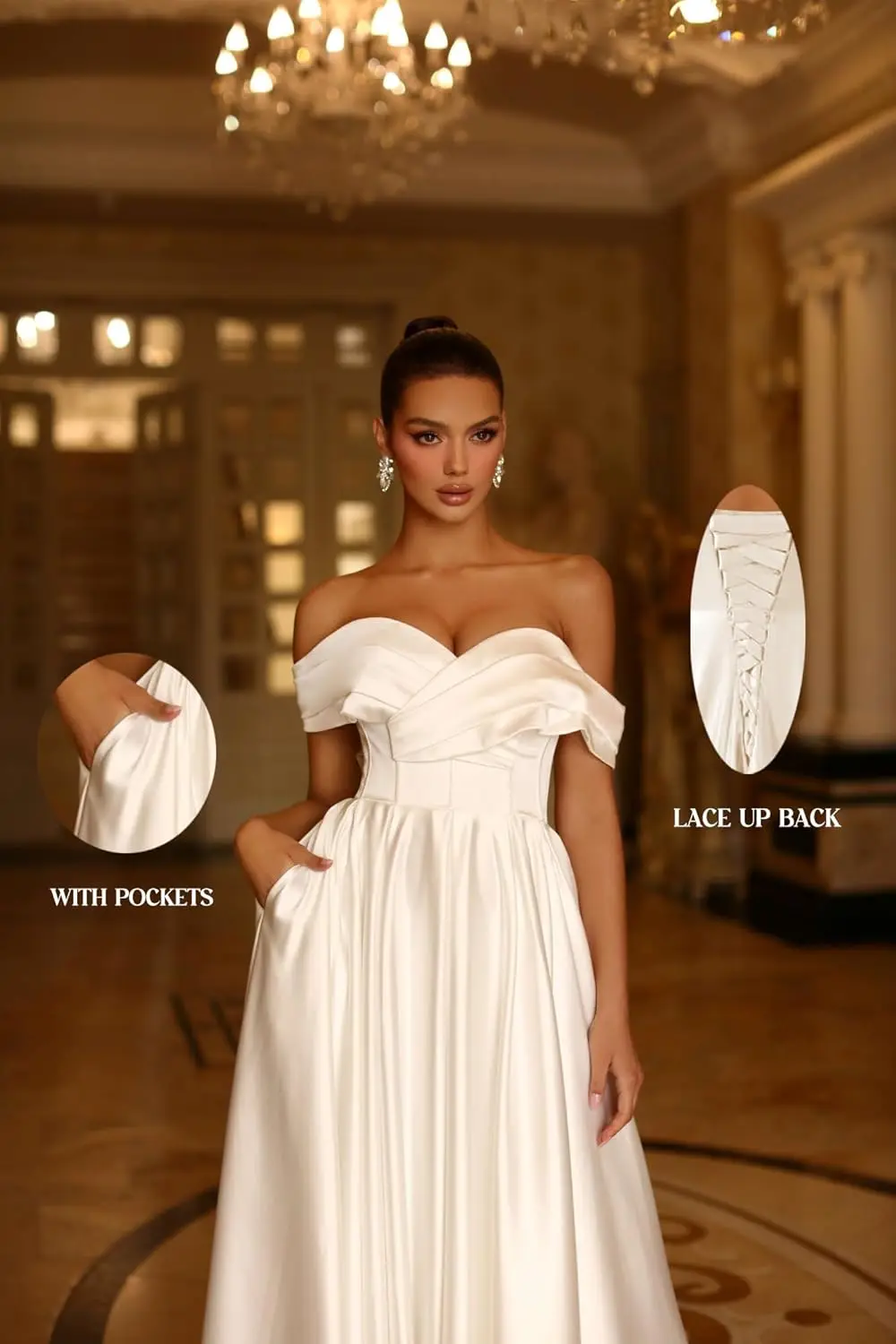 فساتين حفلة موسيقية نسائية مكشوفة الكتف من الساتان طويلة ورقبة على شكل حرف V فساتين سهرة رسمية مع جيوب ثوب حفلة