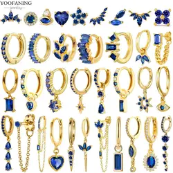 925 Sterling Silver Ear Needle Exquisite Luxury Hoop Earring Exquisite Blue Zircon Fashion Series Earring for Women Jewelry Gift