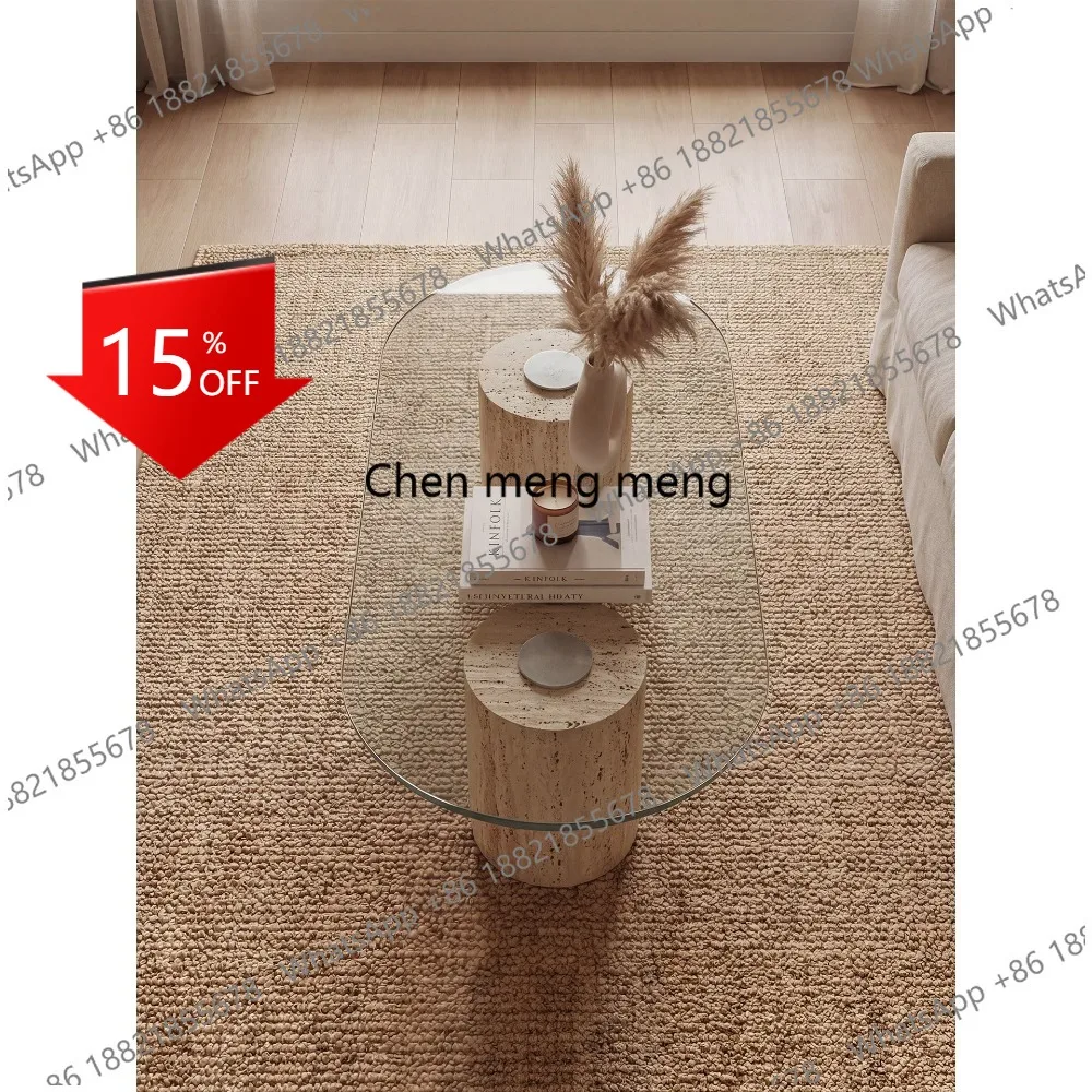 Q178 Medieval wabi sand wind natural travertine tempered glass coffee table living room home light luxury oval