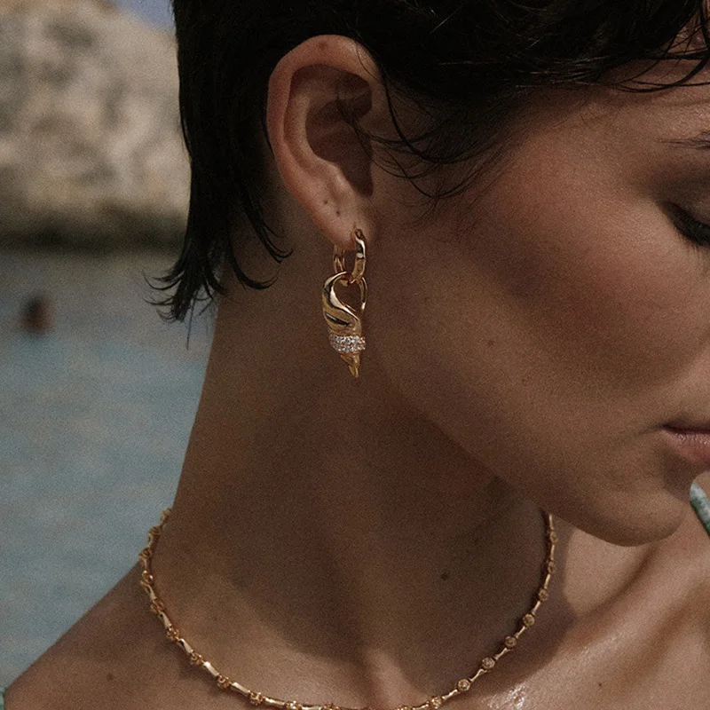 Cz stone sea snail conch dangle hoop earrings stainless steel earrings ocean style holiday stainless steel jewelry