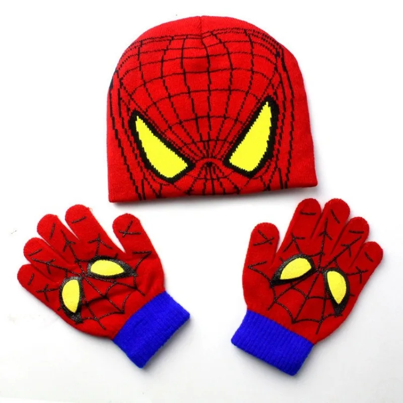 

Marvel Spider-Man Woolen Hat Glove Anime Action Figure Q Figural Cute Cartoon Kid Keep Warm Hat Cap Birthday Gift Christmas Gift