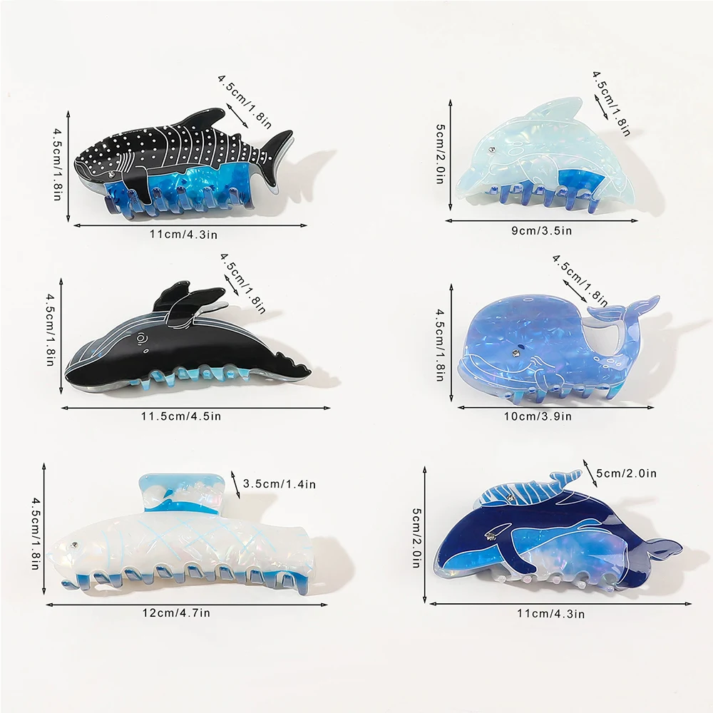 Garras de cabelo de baleia azul para mulheres ácido acético oceano série animal grampos de cabelo, rabo de cavalo dos desenhos animados, acessórios de cabelo