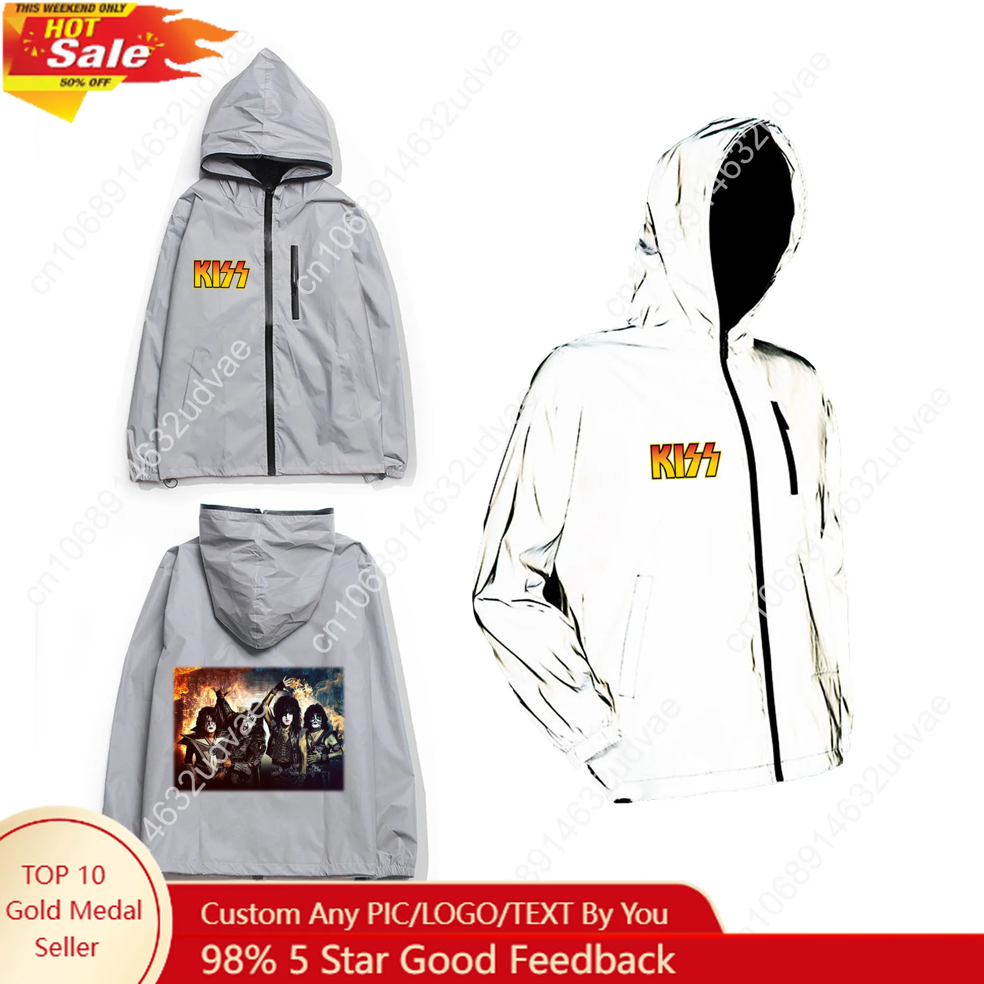 

Kiss Rock Band Reflective Jacket Mens Womens Coat Hooded Windbreaker Run Pocket Jackets Hiking Zipper Customized Hoodie
