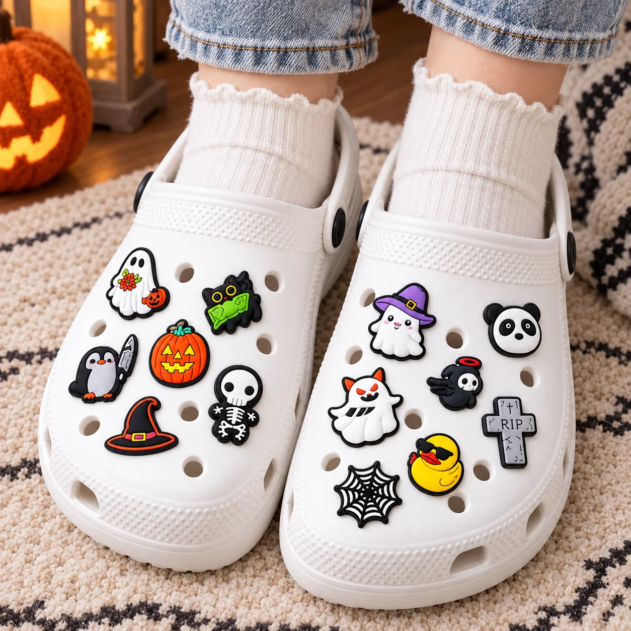 50pcs Halloween Shoe Charms Set Ghost Pumpkin PVC Pins for Clogs Spooky Party Accessories Gift for Kids Girls Teens Women