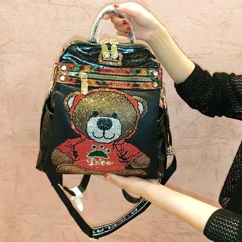 2024 New Fashion Women\'s Backpack Colorful Diamonds Cute Bear Luxury Bagpack Female Large Capacity Brand Shoulder Bag Schoolbag