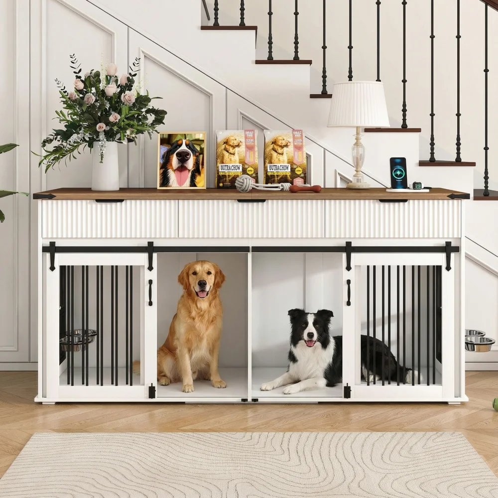 

71'' Furniture Style Double Dog Crate with 3 Fluted Drawers and Waterproof Walnut Woodgrain Tabletop