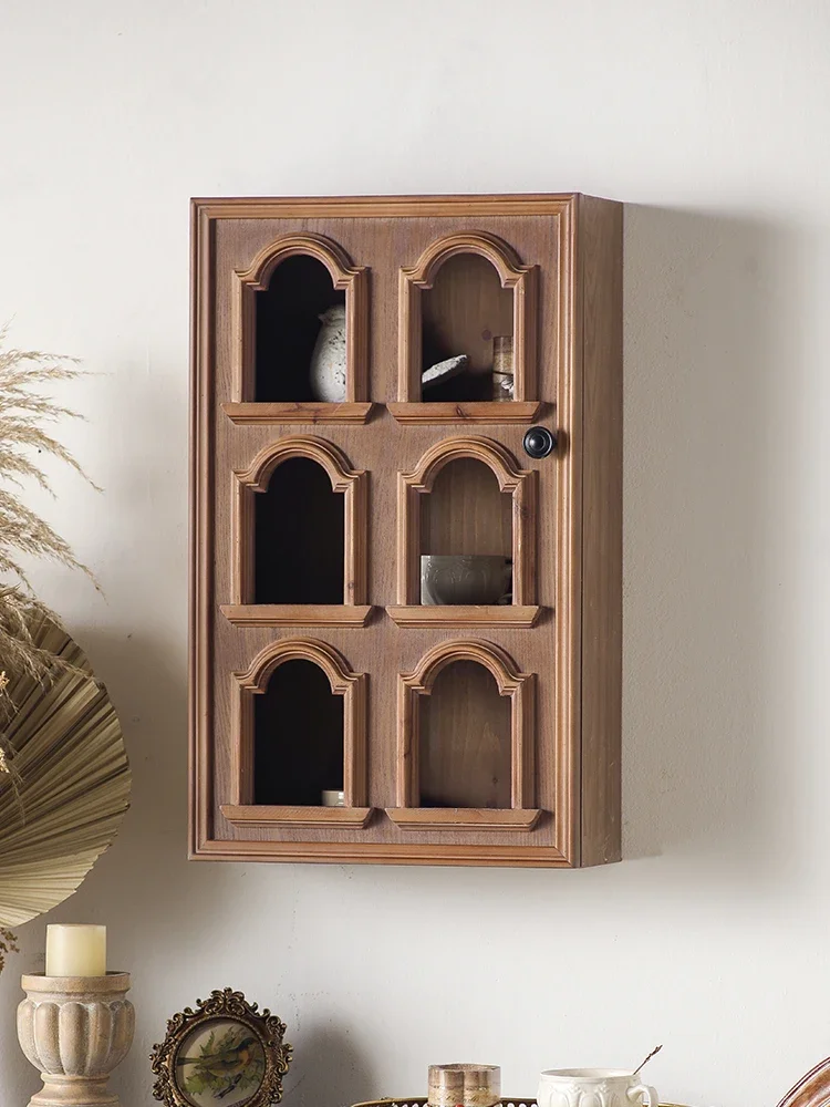 French retro antique wall cabinet living room suspended wall cabinet locker hollow retro solid wood display cabinet