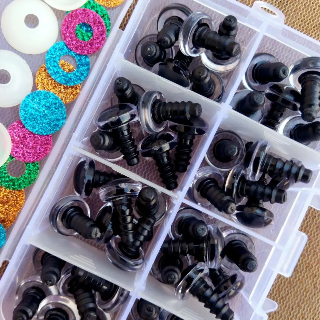 48 stücke 3D DIY Glitter Plüsch Kunststoff Sicherheits Augen Für Spielzeug Amigurumi Puppe Machen Augen Für Puppen Mix Tier Box 12mm – Detail 3
