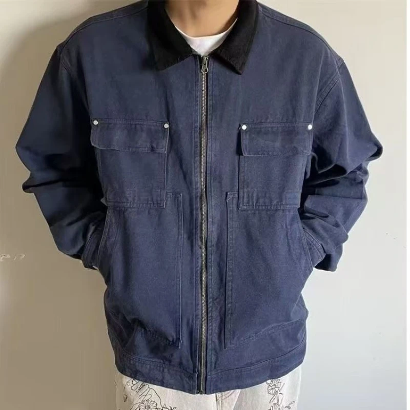 

Retro Pocket Denim Jean Jacket Men Zipper Baseball Bomber Solid Varsity Coat High Street Spring Fall Outerwear