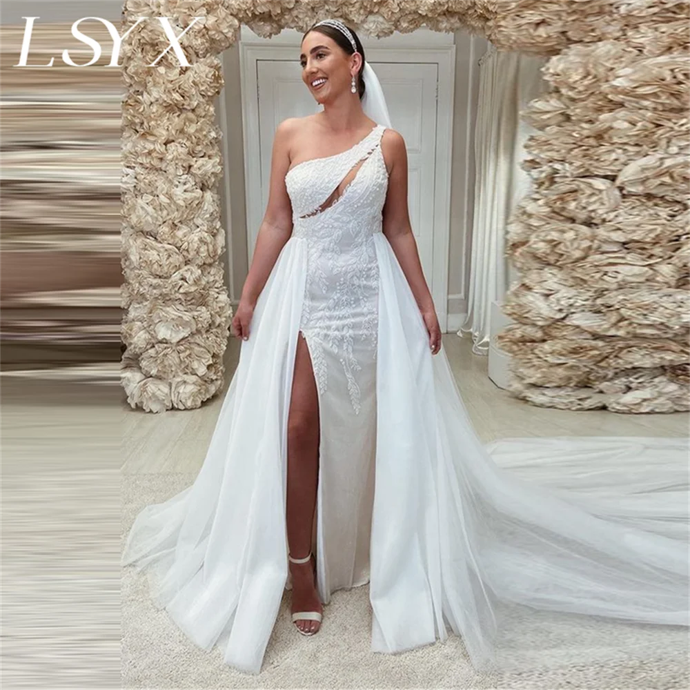 LSYX Customized One-Shoulder Cut Out Appliques Tulle Wedding Dress For Women High Side Slit Detachable Train Bridal Gown