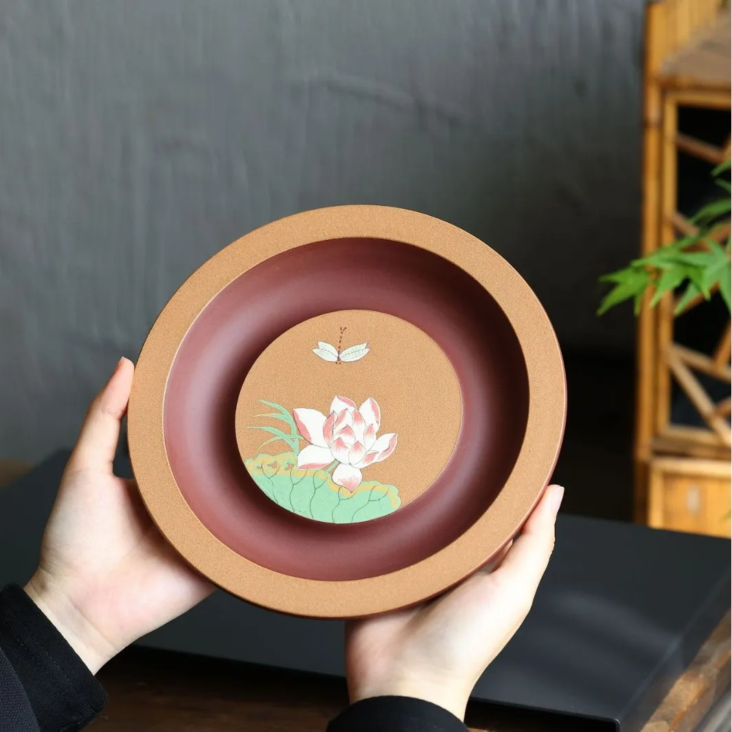 Yixing Purple Clay Exquisite Lotus-Painted Stand, Dry Brewing Small Tray, Round Water-Retaining Tea Holder, Pot Mat