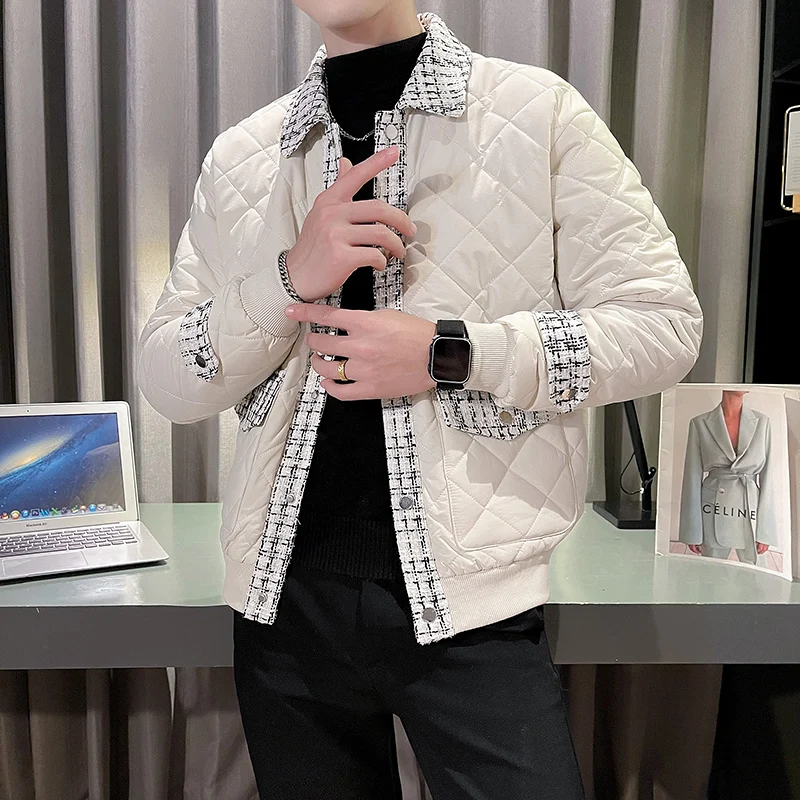 Koreaanse Patchwork Parkas Jassen Heren Winter Warme Katoenen Jassen Mode Revers Winddicht Casual Hiphop Overjas Heren Kleding 2023