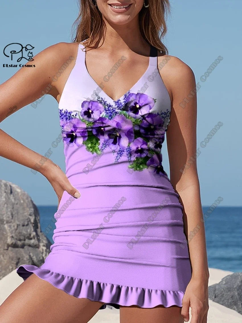 Femmes été frais floral 3D imprimé jupe à bretelles dentelle maillot de bain vacances voyage nouveau dos croix sangle design maillot de bain D-4