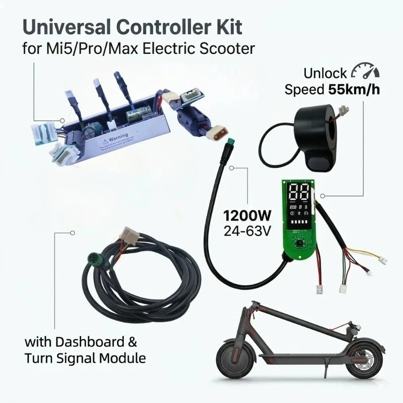 Universal Controller Kit for Xiaomi Mi5/Pro/Max E-Scooter, 1200W 24-63V with Dashboard & Turn Signal Module, Unlock Speed 55km/h