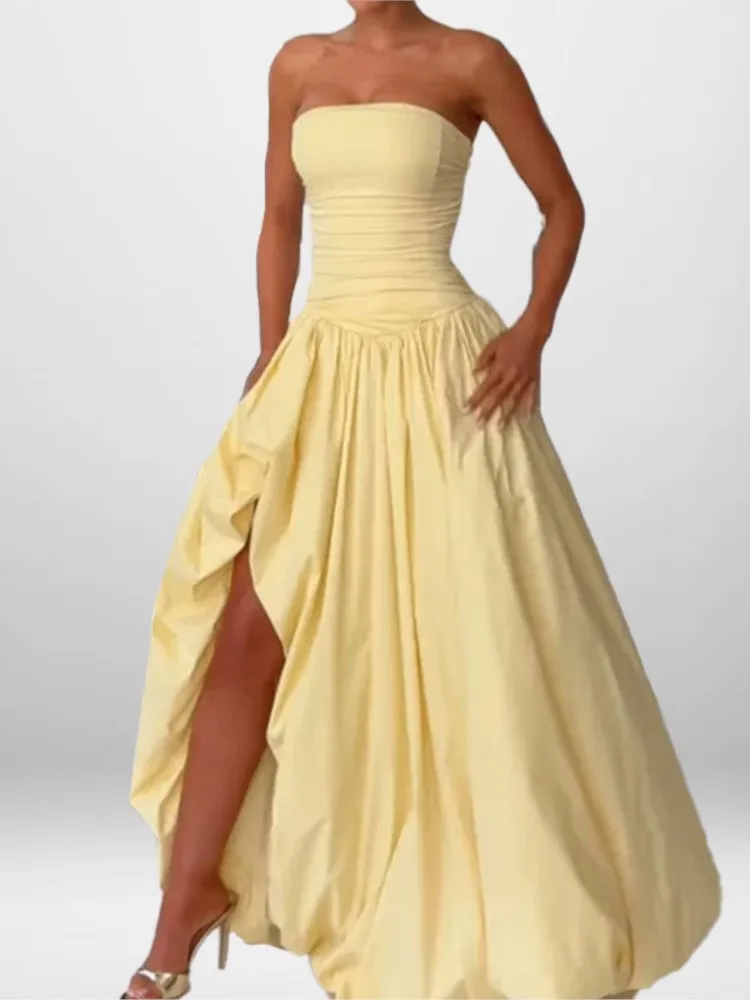 

Elegant Women's Dresses Solid Color Tube Top Irregular Pleated Slit Sleeveless Robe Party Date Business Nightclub Sexy Vestidos