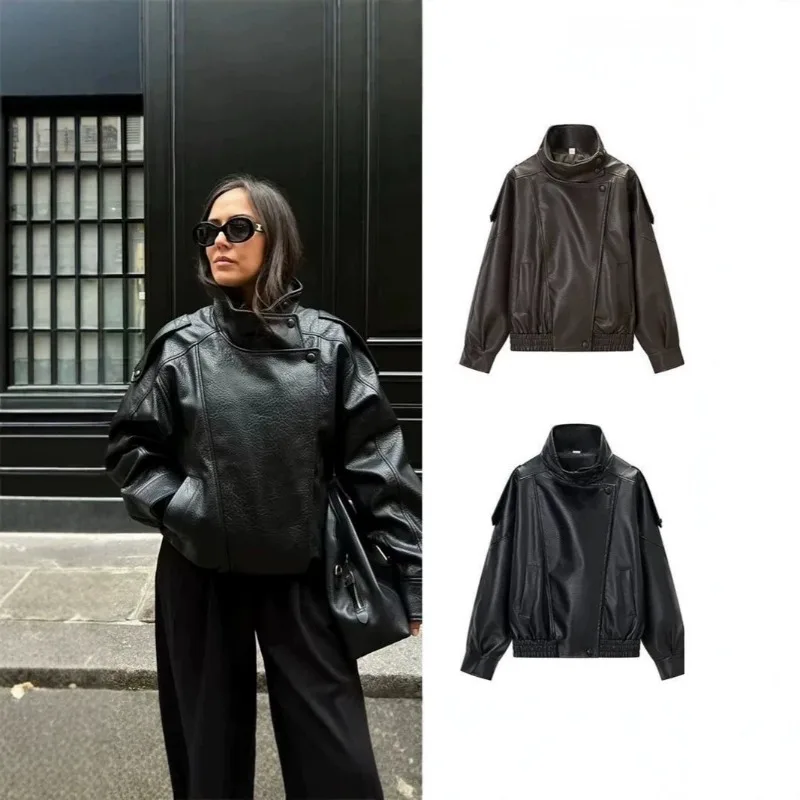Women's Leather Jacket in Black Pebble Faux Style New Sporty Casual PU Faux Leather Jacket with A Trendy Street Motorcycle Vibe