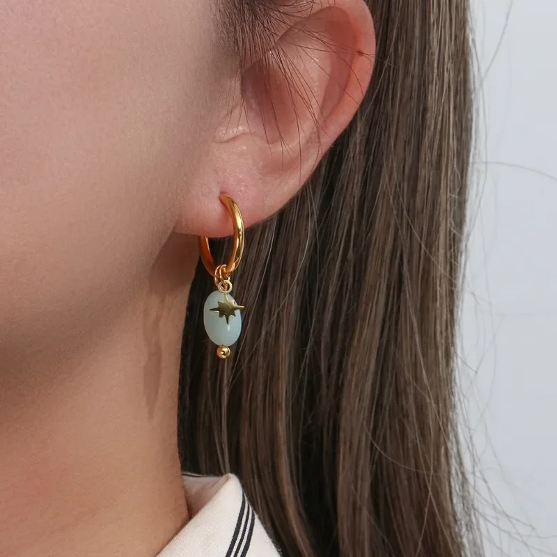 European and American style octagonal star natural stone earrings,  Niche design sense, Stainless steel 18K gold-plated earrings