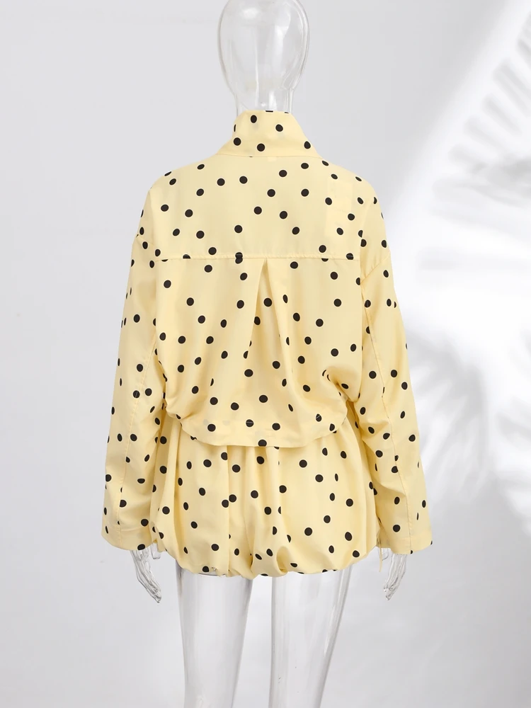 Plissee-Polka-Dot-Mäntel, Ballon-Shorts-Anzüge für Damen, Streetwear mit Stehkragen, Langarm-Crop-Tops mit Schnürung, High-Waist-Shorts, Neue Sets – Detail 5