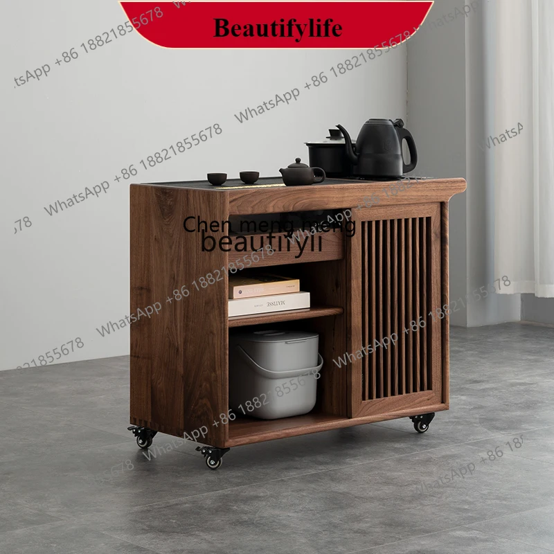 

G153 Black walnut solid wood mobile tea cabinet, household, integrated side tea room storage integrated boiling water cabinet
