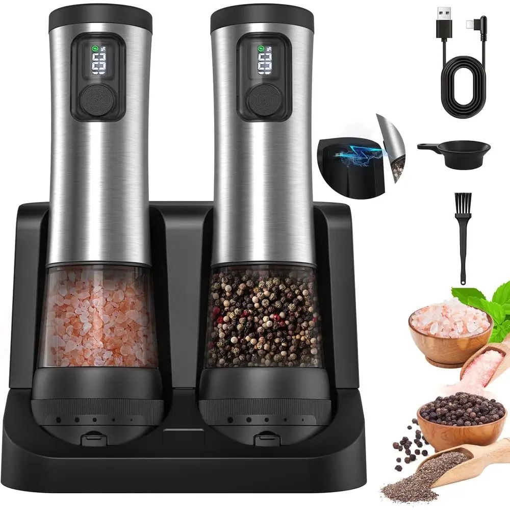 

Electric Salt and Pepper Grinder Set, Upgraded 2-Speed Setting, External 5 Adjustable Coarsen, Battery Display Rechargeable Base