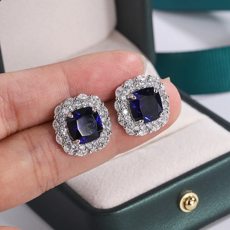 925 Silver Plated Earrings for Women  Shiny AAAA Blue Zircon Earrings Stylish Sterling Silver Jewelry Anniversary Gift Earring