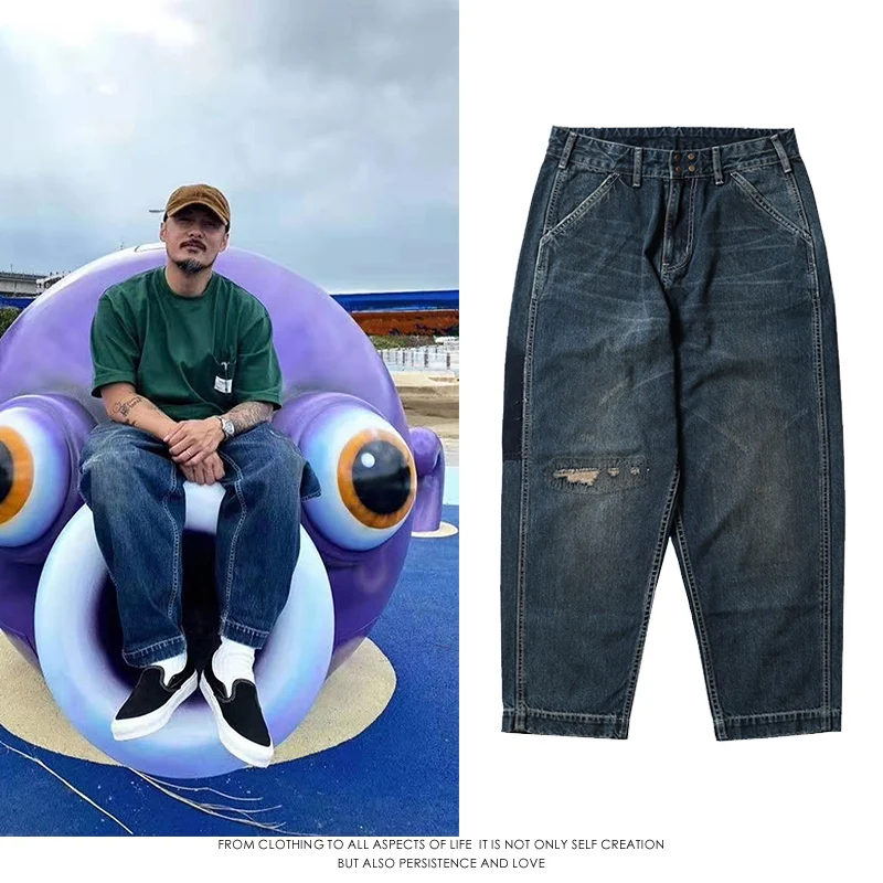 

Waed out Distred Men's Jeans Low Waist Straight Leg Long Trousers Workwear Sle by Booryee Autumn Spring Faion