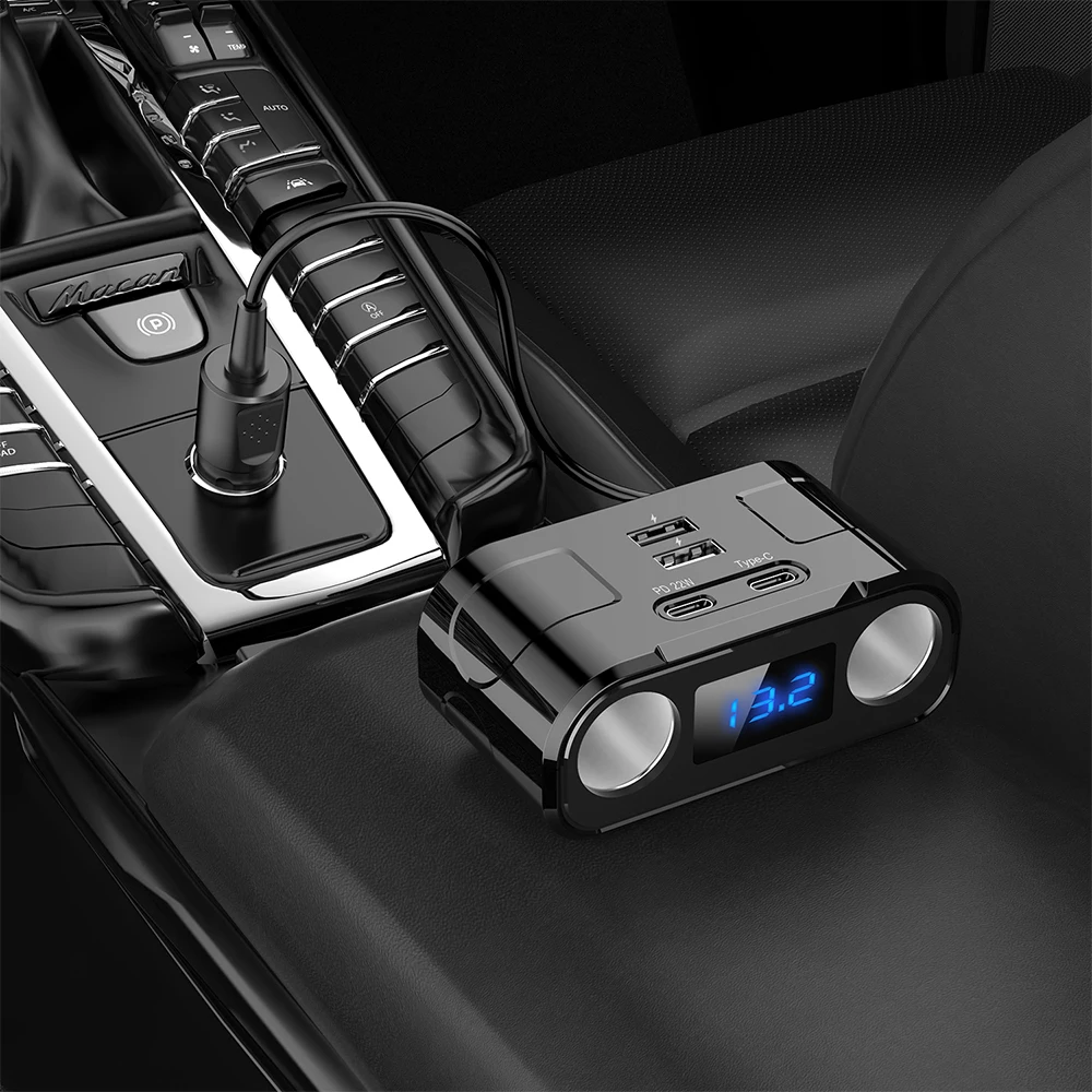 6 in1 Cigarette Lighter Splitter QC3.0+PD Car Charger Digital Display Phone Charger 12V-24V 60W Adapter Car Accessories