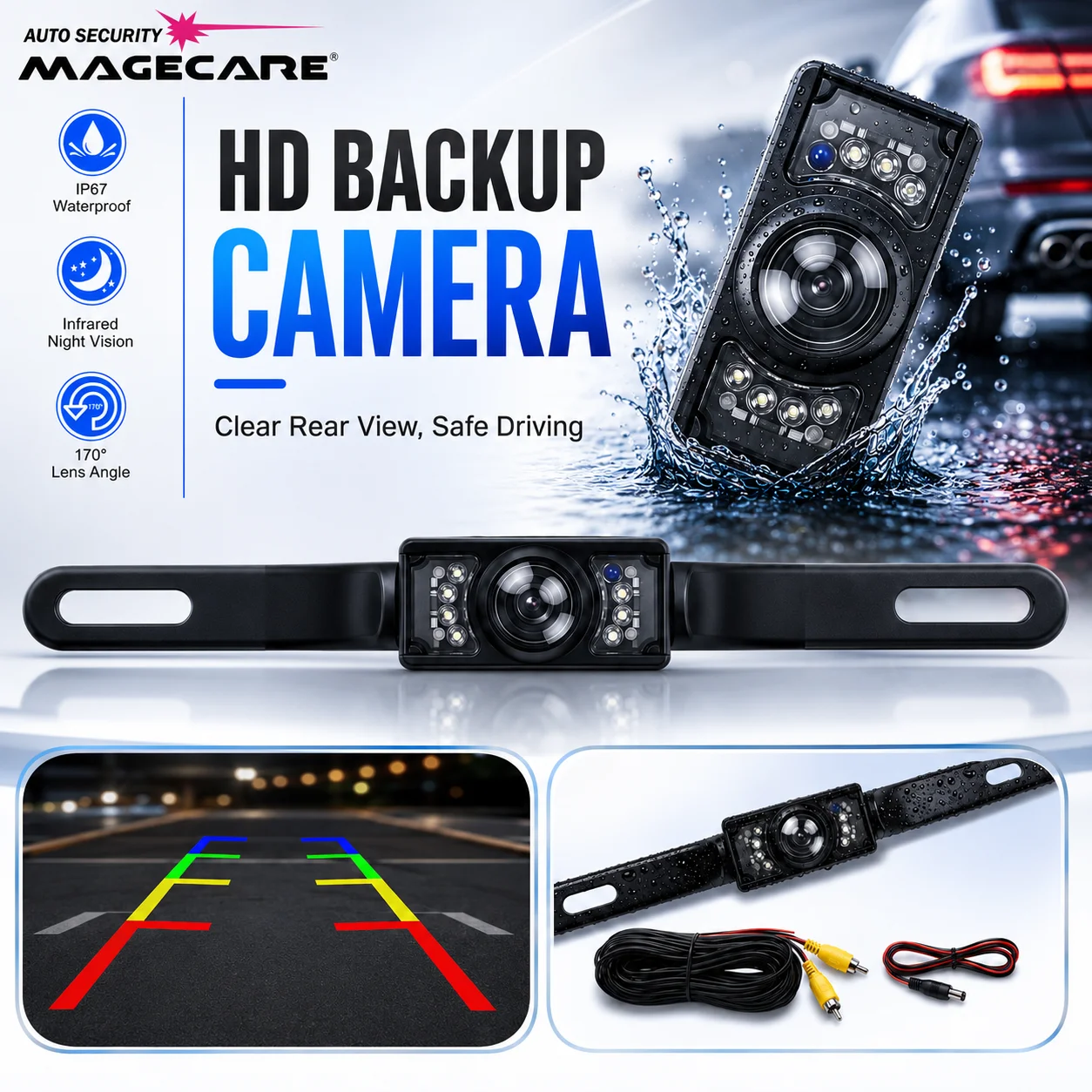 HD Car Rear View Camera License Plate Backup Camera 7 IR LED Night Vision 170 Degree Wide Angle Reversing Camera