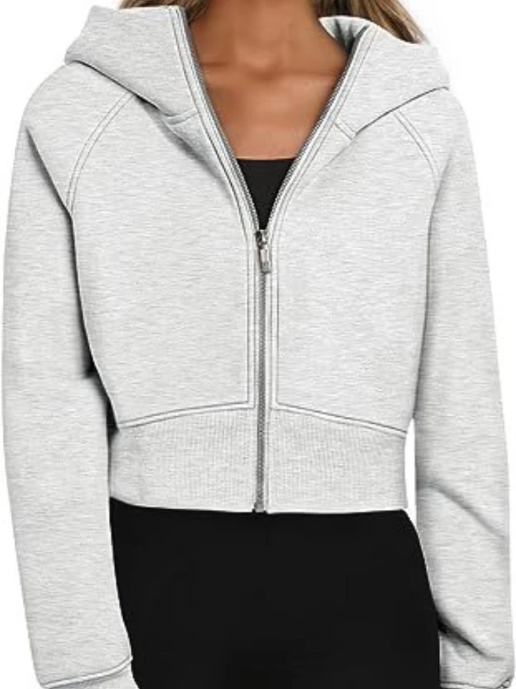 

Hooded Zip-up Cropped Casual Fleece Long-sleeved Sweatshirt for Women New Antumn Solid Hoodies Women