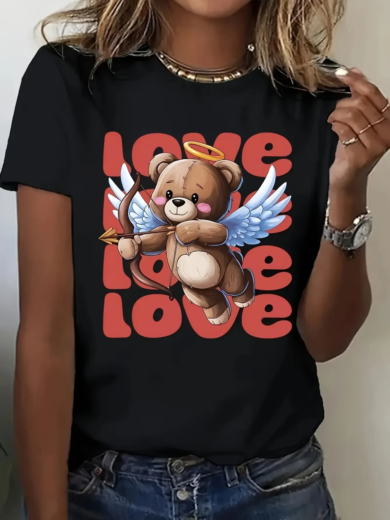 バレンタインデー レディース 半袖 Tシャツ キューピッド テディベア & ラブレター プリント クルーネック カジュアル デイリートップ 夏 & 春用