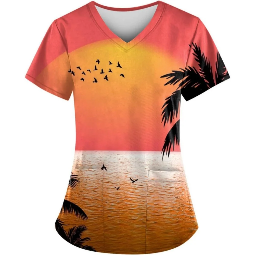 Uniformes cirúrgicos mulher coqueiro padrão 3d com decote em v bolso uniforme clínico mulher dos desenhos animados enfermagem manga curta esfrega mulher