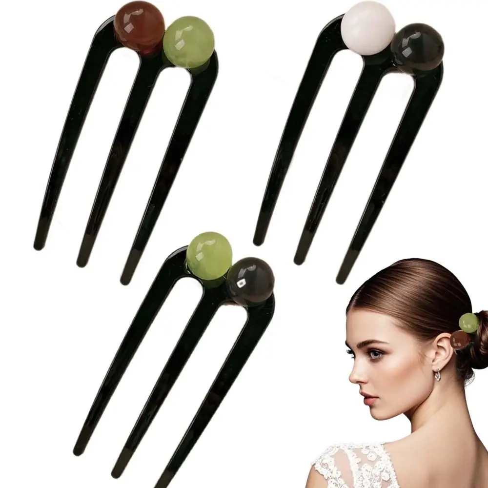 

Sturdy Plastic U-Shaped Hair Pin Beaded Vintage Hair Fork Three Tooth Hair Accessory Hair Buns