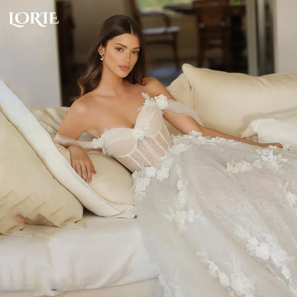 

LORIE Applique Wedding Dress Off Shoulder Sweet 3D Flower A-LINE Prom Dresses Pleats Illsion Arabia Party Gown Customized Bridal