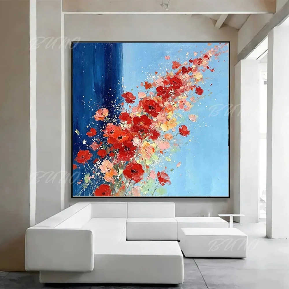 100% Handmade Hand-painted Abstract Oil Painting Original Red Poppy Palette Knife Wall Art For Home Living Room Bedroom Decor
