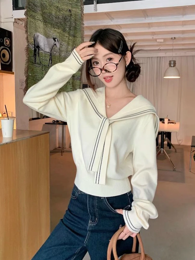 

Sweet Sailor Collar Sweaters Women Vintage Preppy Style Fall Knitted Jumpers Casual Long Sleeve Lady Loose Striped Pullover New