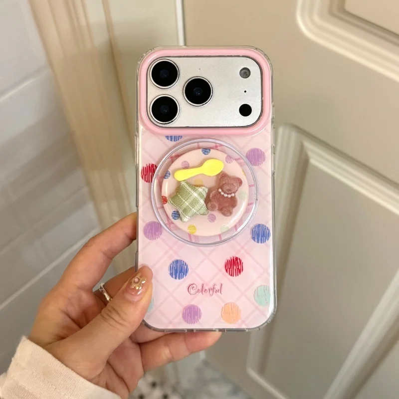 

Colorful Plaid Pattern Polka Dot Magnetic Phone Case For iPhone 17 Pro 16 15 14 Pro Max Cover with Stand For Magsafe Cases Cute