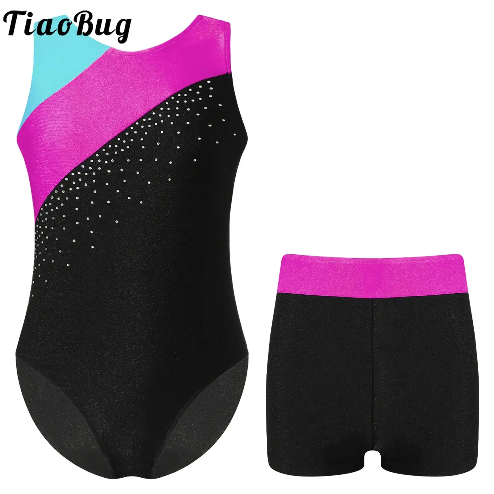 

Kids Girls Gymnastic Performance Costume Ballet Dance Set Sleeveless Shiny Rhinestones Leotards Bodysuit with Shorts Gym Outfits