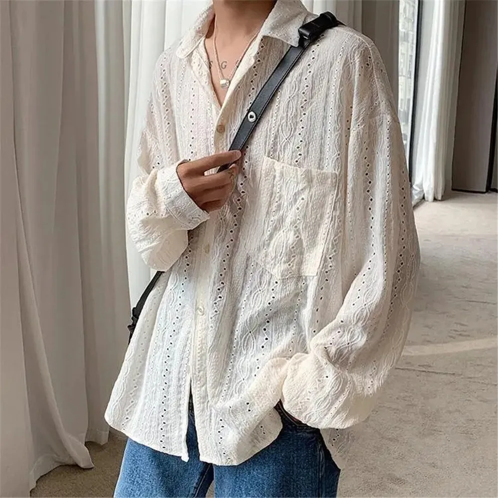 Summer Shirts Women Bf Style Apricot Lapel Blouse Vacation Hollow Out Sexy Fashion Y2k Clothing Blouses Mesh Long-sleeved Shirts