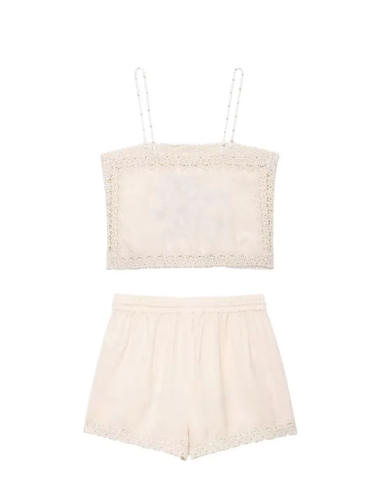 Setelan Celana Pendek Wanita Musim Panas HH, Atasan Tanpa Lengan dengan Hiasan Bordir Kasual + Celana Pendek dengan Saku dan Tali Serut di Pinggang Elastis