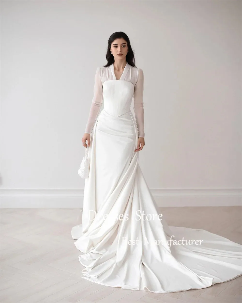 ML Modest Ivory Mermaid Wedding Dress V Neck Full Sleeves Bridal Gown Customized Arabic Plus Size Corset Formal Gown