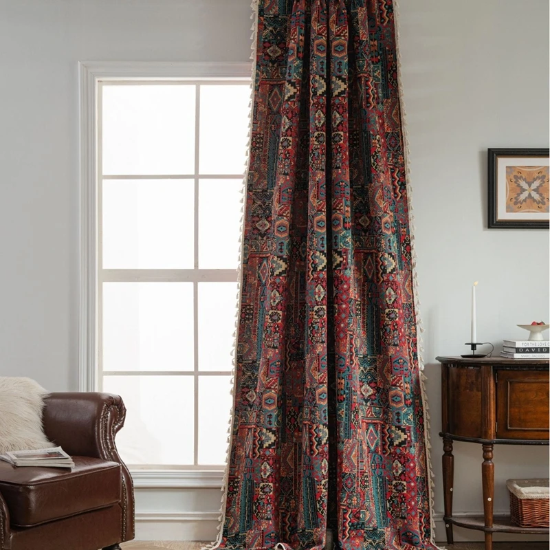 Bohemian Style Curtains Jacquard Geometric Tassel Curtain Finished Kitchen Valance Bedroom Living Room Semi-blackout Drapes