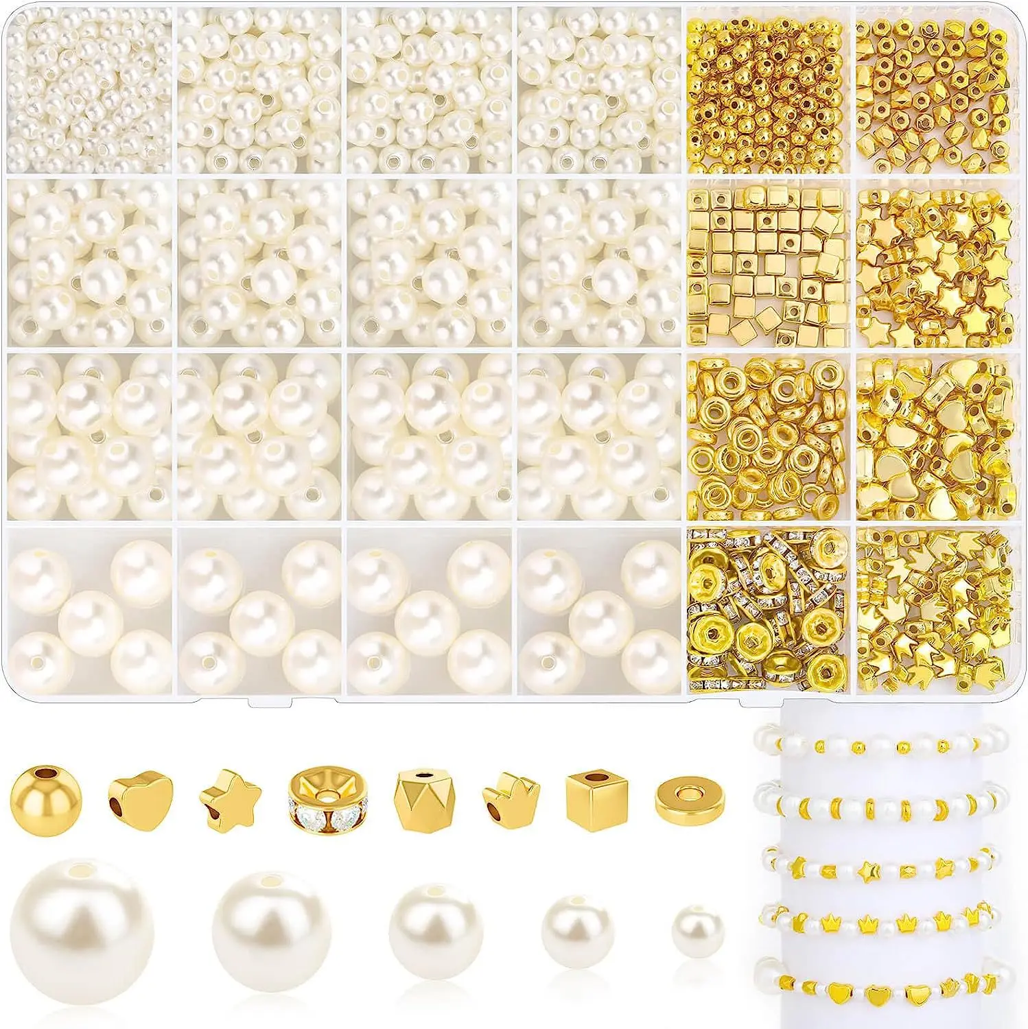 1140Pcs Imitation Pearl Plated Gold CCB Beads Kits Star Heart Square Spacer Beads for DIY Bracelet Necklace Jewelry Making