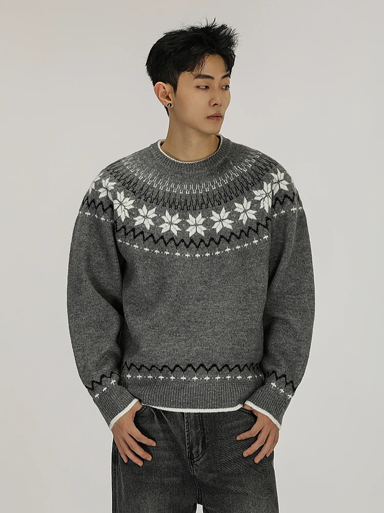 

Винтажный свитер Fair Isle Cleanfit, мужской жаккардовый свитер со снежинками, большой вязаный свитер с напуском, вязаное пальто в стиле ретро с геометрическим узором