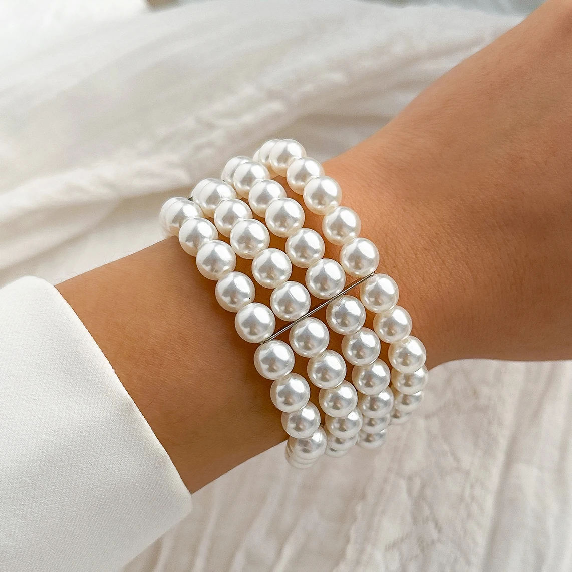 Ingemark Multilayer White Imitation Pearl Chain Bracelet for Women Wedding Bridal Kpop Elegant Beaded Bracelets Hand Jewelry New