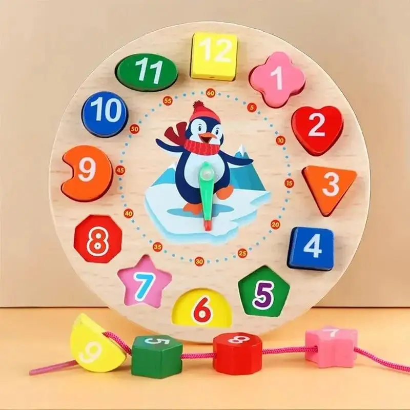 Wooden Number Blocks Puzzle Shape Color Sorting Clock Montessori Toys for Kids Early Education Penguin Patterns Time Learning