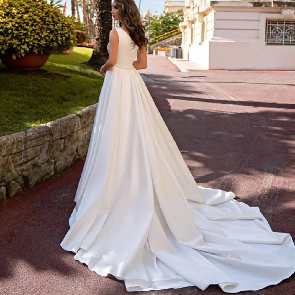 One Shoulder Sleeveless Wedding Dress Classic Satin Sheath Floor Length with Sweep Train Bridal Customized Beading Pearl Gowns